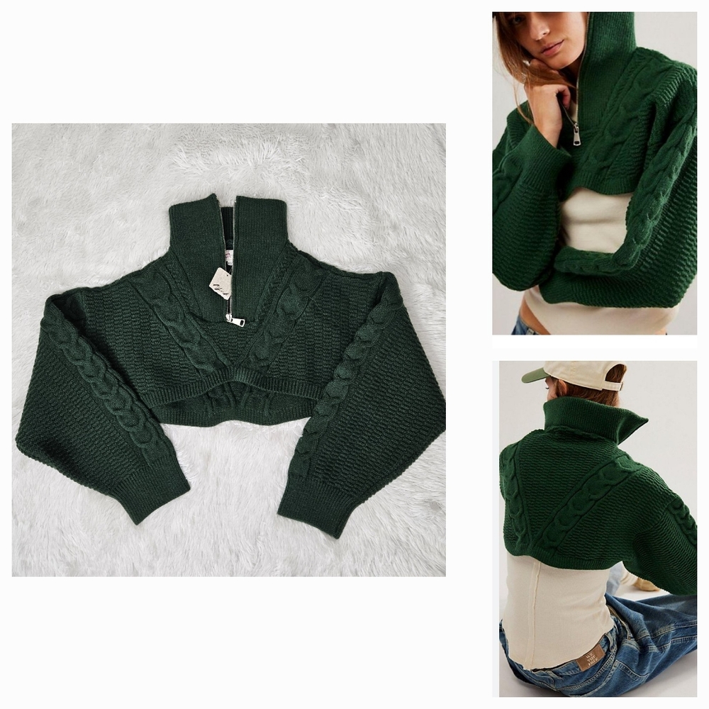 XS/S BNWOT Free People Quarter Zip Cable Bolero Forest Green